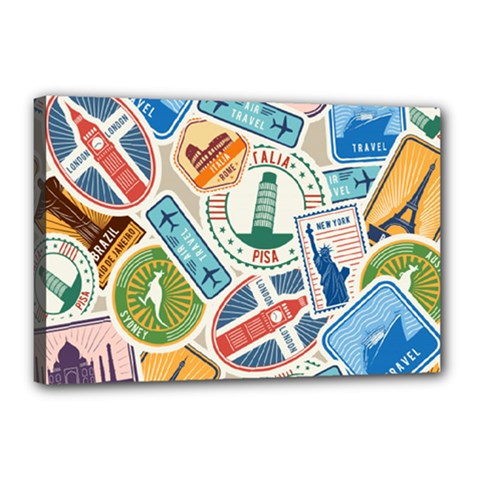 Travel Pattern Immigration Stamps Stickers With Historical Cultural Objects Travelling Visa Immigran Canvas 18  X 12  (stretched) by Wegoenart