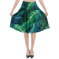 Tropical Green Leaves Background Flared Midi Skirt by Wegoenart