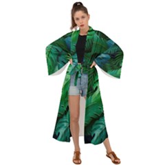 Tropical Green Leaves Background Maxi Kimono by Wegoenart