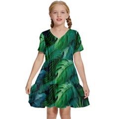 Tropical Green Leaves Background Kids  Short Sleeve Tiered Mini Dress