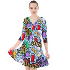 Graffiti Characters Seamless Patterns Quarter Sleeve Front Wrap Dress