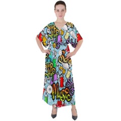 Graffiti Characters Seamless Patterns V-neck Boho Style Maxi Dress