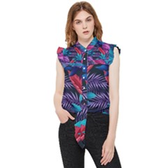 Background With Violet Blue Tropical Leaves Frill Detail Shirt