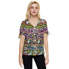 Graffiti Word Seamless Pattern Bow Sleeve Button Up Top