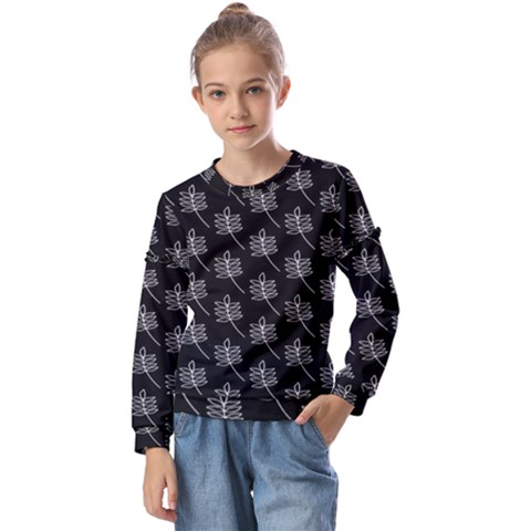 Black Cute Leaves Kids  Long Sleeve Tee With Frill  by ConteMonfrey