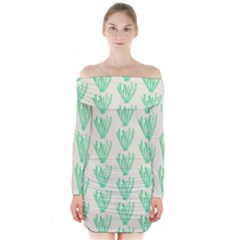 Watercolor Seaweed Long Sleeve Off Shoulder Dress