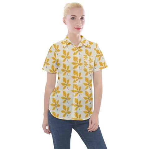 Orange Leaves   Women s Short Sleeve Pocket Shirt by ConteMonfrey