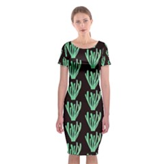 Watercolor Seaweed Black Classic Short Sleeve Midi Dress