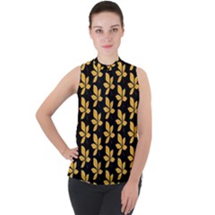 Orange And Black Leaves Mock Neck Chiffon Sleeveless Top by ConteMonfrey