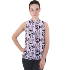 Lovely Cactus With Flower Mock Neck Chiffon Sleeveless Top by ConteMonfrey