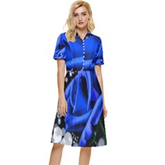 Blue Rose Bloom Blossom Button Top Knee Length Dress by Wegoenart