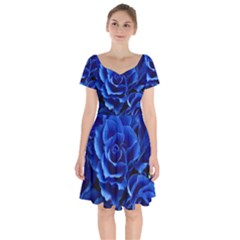 Blue Rose Flower Plant Romance Short Sleeve Bardot Dress