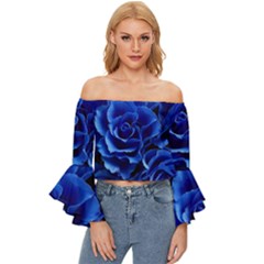 Blue Rose Flower Plant Romance Off Shoulder Flutter Bell Sleeve Top by Wegoenart