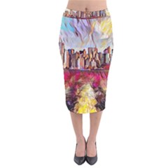 New York Skyline Manhattan City Velvet Midi Pencil Skirt by Wegoenart