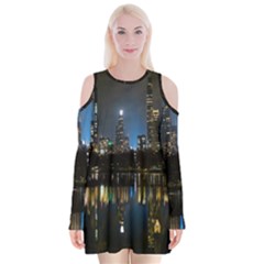 New York Night Central Park Skyscrapers Skyline Velvet Long Sleeve Shoulder Cutout Dress by Wegoenart