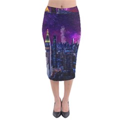 New York Manhattan Skyline Cityscape Downtown Velvet Midi Pencil Skirt by Wegoenart