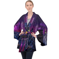 New York Manhattan Skyline Cityscape Downtown Long Sleeve Velvet Kimono  by Wegoenart