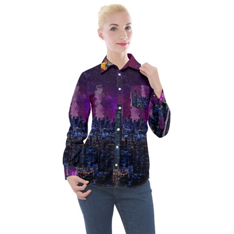 New York Manhattan Skyline Cityscape Downtown Women s Long Sleeve Pocket Shirt by Wegoenart