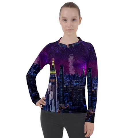 New York Manhattan Skyline Cityscape Downtown Women s Pique Long Sleeve Tee by Wegoenart