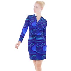 Wavy Abstract Blue Button Long Sleeve Dress