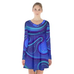 Wavy Abstract Blue Long Sleeve Velvet V-neck Dress