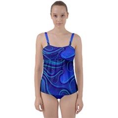 Wavy Abstract Blue Twist Front Tankini Set by Ravend