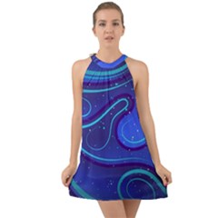 Wavy Abstract Blue Halter Tie Back Chiffon Dress