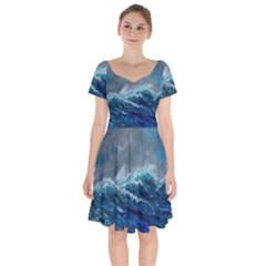 Waves Sea Sky Wave Short Sleeve Bardot Dress by Ravend