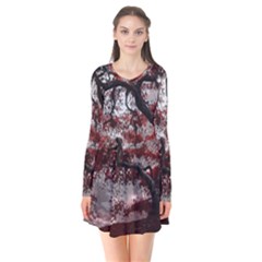 Tree Red Nature Abstract Mood Long Sleeve V-neck Flare Dress
