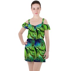 Fractal Art Pattern Abstract Ruffle Cut Out Chiffon Playsuit by Ravend