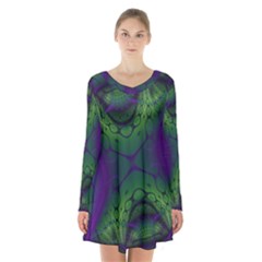 Abstract Fractal Art Pattern Long Sleeve Velvet V-neck Dress