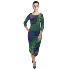 Abstract Fractal Art Pattern Quarter Sleeve Midi Velour Bodycon Dress