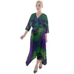 Abstract Fractal Art Pattern Quarter Sleeve Wrap Front Maxi Dress