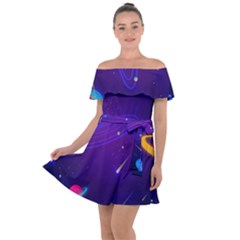 Cartoon Galaxy With Stars Background Off Shoulder Velour Dress by danenraven