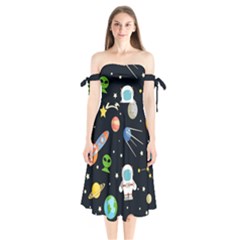 Space And Astronomy Decorative Symbols Seamless Pattern Vector Illustration Shoulder Tie Bardot Midi Dress