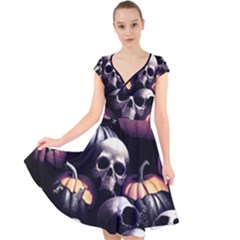 Halloween Party Skulls, Demonic Pumpkins Pattern Cap Sleeve Front Wrap Midi Dress by Casemiro