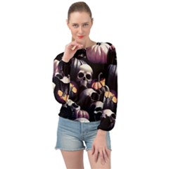 Halloween Party Skulls, Demonic Pumpkins Pattern Banded Bottom Chiffon Top by Casemiro