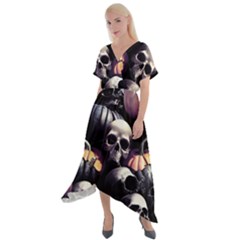 Halloween Party Skulls, Demonic Pumpkins Pattern Cross Front Sharkbite Hem Maxi Dress by Casemiro