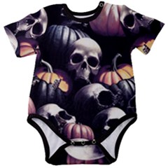 Halloween Party Skulls, Demonic Pumpkins Pattern Baby Short Sleeve Onesie Bodysuit by Casemiro