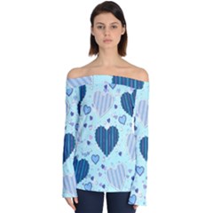 Hearts Pattern Paper Wallpaper Blue Background Off Shoulder Long Sleeve Top