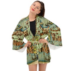 Medeival Ancient Map Fortress Island Seaport Town Long Sleeve Kimono by Wegoenart