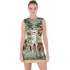 Medeival Ancient Map Fortress Island Seaport Town Lace Up Front Bodycon Dress