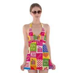 Multicolored Gift Wrap Decor Love Colorful Hearts I Love You Halter Dress Swimsuit  by Wegoenart