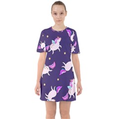 Fantasy Fat Unicorn Horse-pattern Fabric Design Sixties Short Sleeve Mini Dress by Wegoenart