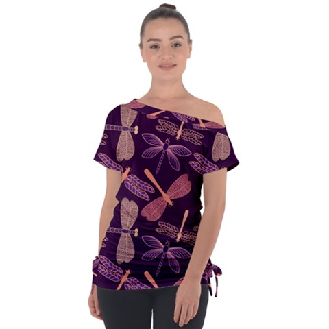 Dragonfly Pattern Design Off Shoulder Tie-up Tee by Wegoenart