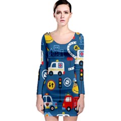 Car Cars Seamless Pattern Vector Rescue Team Cartoon Long Sleeve Bodycon Dress by Wegoenart