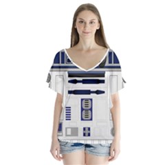 Robot R2d2 R2 D2 Pattern V-Neck Flutter Sleeve Top