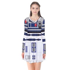 Robot R2d2 R2 D2 Pattern Long Sleeve V-neck Flare Dress