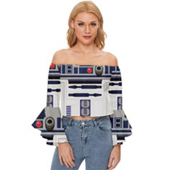 Robot R2d2 R2 D2 Pattern Off Shoulder Flutter Bell Sleeve Top by Jancukart