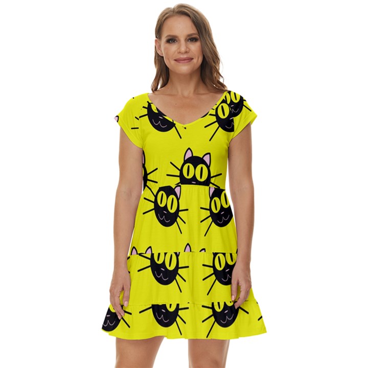 Cats Heads Pattern Design Short Sleeve Tiered Mini Dress